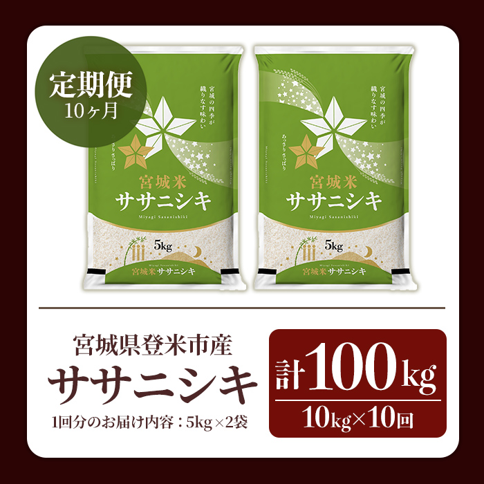 ≪令和7年産≫【10回定期便】ササニシキ 計100kg (10kg×10回配送) 登米市産 お米 おこめ 米 コメ 白米 ご飯 ごはん おにぎり お弁当 10か月 頒布会【登米ライスサービス株式会社】