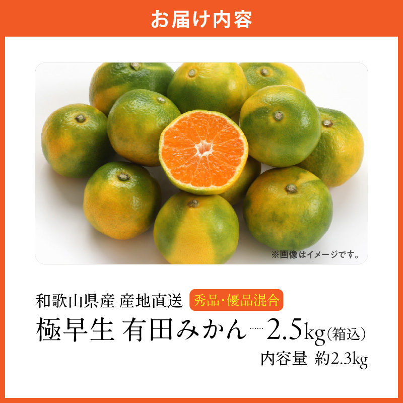 MK1073_【2025年先行予約】みかん 極早生 箱込 2.5kg ( 内容量2.3kg ) おまかせサイズ（S/M/L）秀品・優品 の混合 有田みかん 和歌山県産