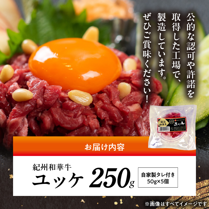 BN6138_紀州和華牛 ユッケ50g × 5個 タレ付き 牛肉 モモ肉 黒毛和牛 栄養 多い 赤身 新鮮 自家製 オリジナル タレ 薄口しょうゆ 信州みそ コク ごま油 お取り寄せ お取り寄せグルメ