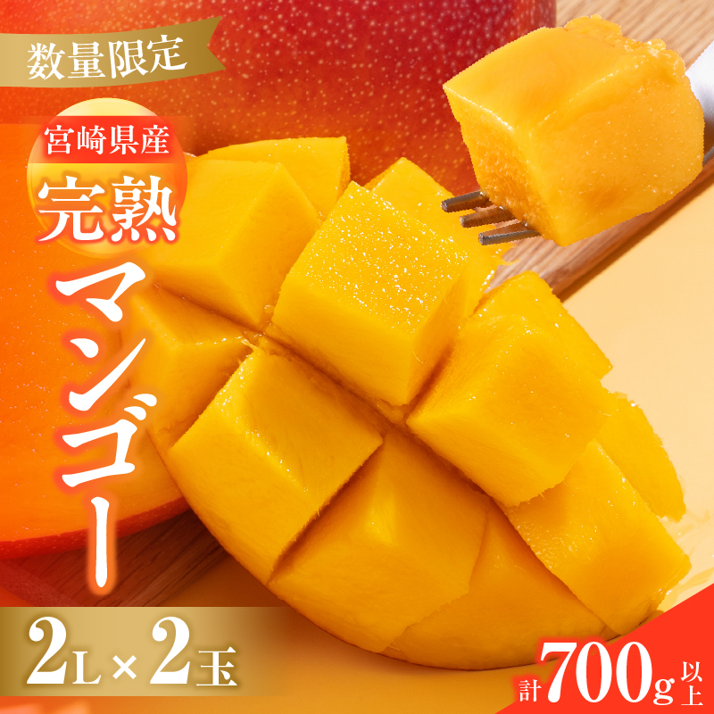 C142-25_数量限定 宮崎県産 完熟マンゴー 2L×2玉 計700g以上 期間限定 フルーツ スイーツ 果物 くだもの 食品 グルメ デザート 国産 産地直送 人気 おすすめ 宮崎県 日南市