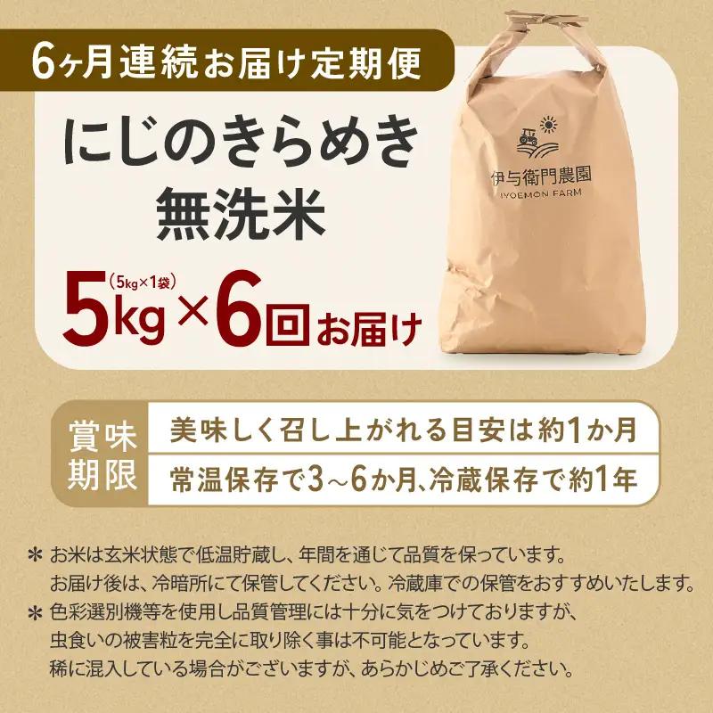 【先行予約】【令和8年産】定期便 ≪6ヶ月連続お届け≫ にじのきらめき 無洗米 5kg×6回 / 鮮度抜群 30キロ 福井県あわら産 無洗米 お米 ※2026年10月上旬より順次発送 [aw071-g