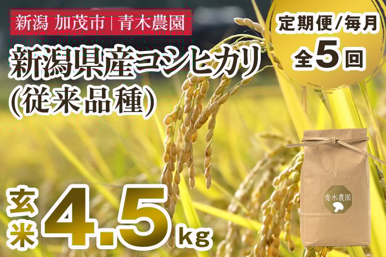 
            【令和7年産新米先行予約】【定期便5ヶ月毎月お届け】新潟県産 コシヒカリ（従来品種）玄米4.5kg（1.5kg×3袋）《10月上旬から順次発送》 玄米 白米 きのこ農家ならではの有機質肥料 お米 新潟産 コシヒカリ 加茂市 青木農園
          