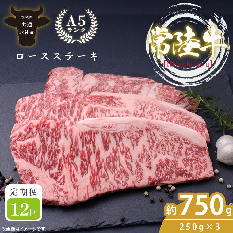 【定期便特別価格】【12回定期便】最高級A4.A5ランク 常陸牛ロースステーキ750ｇ（250g×3）×12回【人気肉 お肉 牛肉 和牛 黒毛和牛 国産黒毛和牛 ロース肉 ステーキ 国産牛 焼肉 焼き肉 バーベキュー BBQ A5 ブランド牛】(CR112)