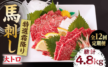 【12回定期便】特選霜降り馬刺し（大トロ）計400g（4pc）＋タレ大【馬刺しの郷 民守】 特産品 霜降り 馬刺し タレ付き [ZBL101]