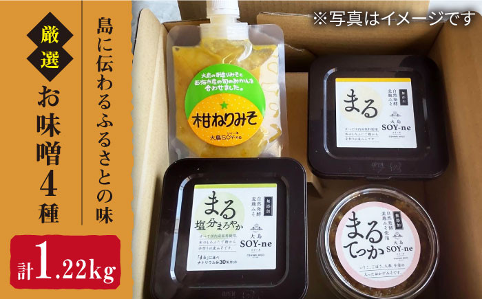 
【数量限定】厳選お味噌4種（麦みそ、塩分上手みそ、鉄火みそ、柑ねりみそ）計1220g＜大島SOY-ne＞ [CBX002]
