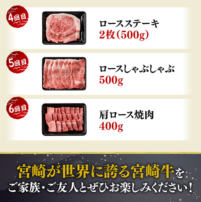 【6ヶ月定期便】宮崎牛定期便A（ステーキ・しゃぶしゃぶ・焼肉）全6回　牛肉[E11133t6]