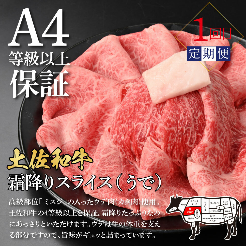 t059kyf-tka-kks　土佐味堪能香美市コラボ4ヶ月定期便 かつおのタタキ×1.5kg 御在所しいたけ 土佐和牛霜降りスライス(うで)×450g マグロの漬け丼の素 80g×5Pセット 鰹 訳