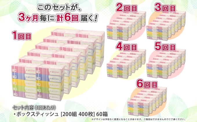 定期便 3ヵ月毎 全6回 ブライティア ソフト ボックスティッシュ 200組 400枚 60箱 日本製 まとめ買い リサイクル 長持 防災 常備品 日用雑貨 消耗品 生活必需品 備蓄 ペーパー 紙 北