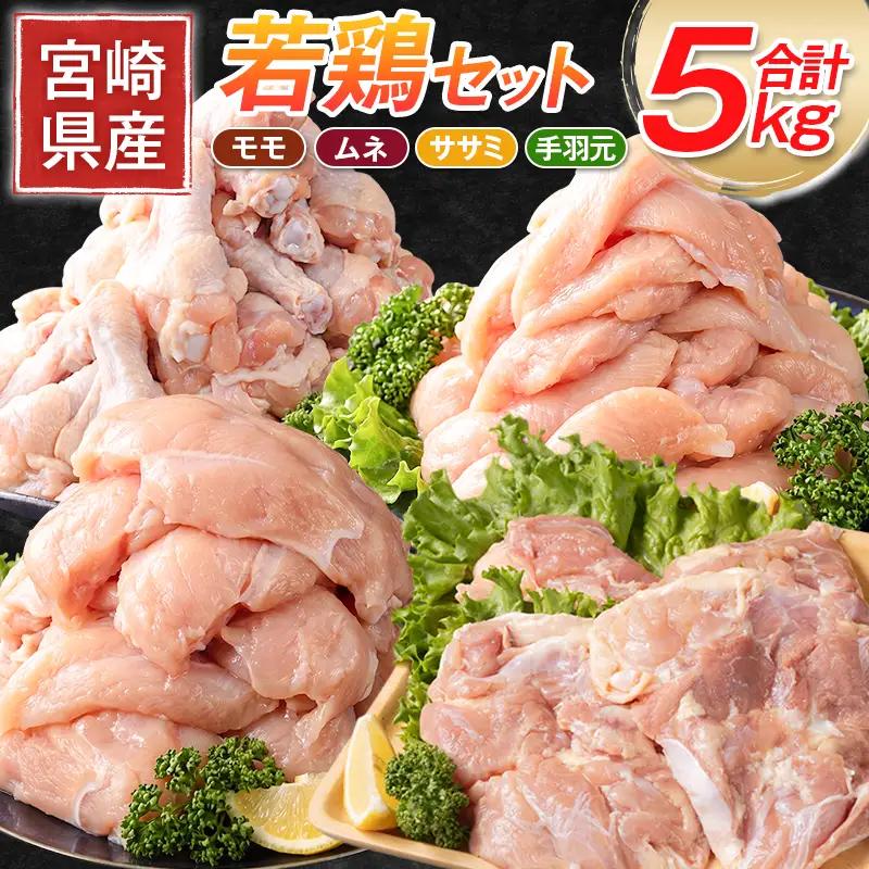 宮崎県産 若鶏5kgセット 鳥肉 もも肉 1kg むね肉 2kg ささみ 1kg 手羽元1kg【B320-2604】