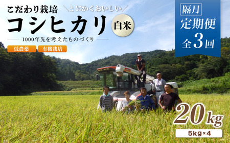 【定期便3回隔月お届け】有機栽培コシヒカリ白米 20kg×3回(隔月) 低農薬 隔月お届け【  米 20キロ 精米 白米 こめ コメ お米 おこめ こしひかり 有機栽培米 減農薬 】