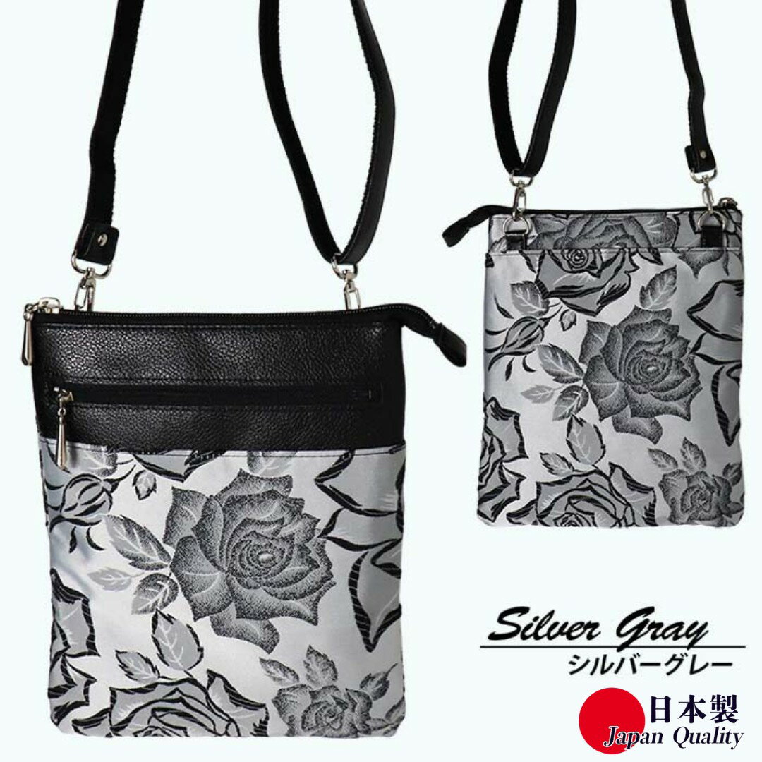 【ふるさと納税】ローズ柄 シルバーグレー ポシェット BR-69 縦型 日本製 ミニショルダーバッグ レディース ／ まちづくり観光振興機構 傘生地 ブロケード織り 旅行 ウォーキング 防水 奈良県 田原本町