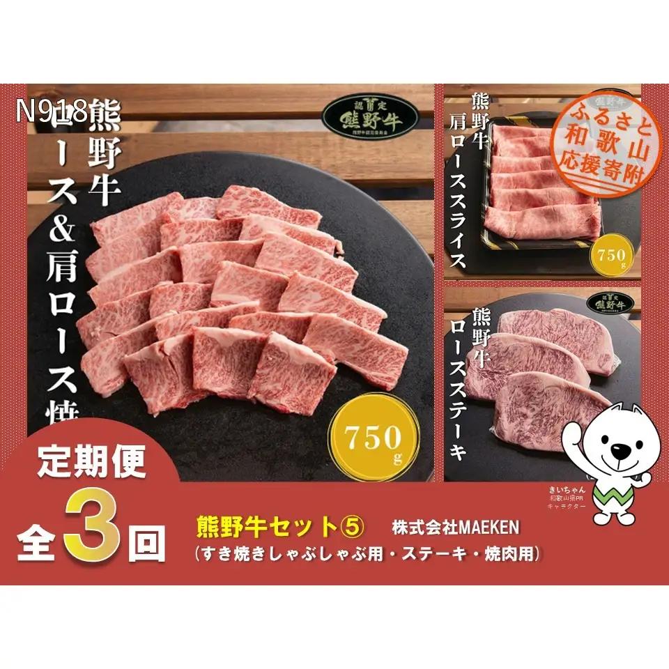 N918 【全3回定期便】熊野牛ロース（すき焼きしゃぶしゃぶ用、ステーキ、焼肉用）株式会社MAEKEN⑤