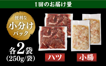 【全3回定期便】【塩だれ味】九州産和牛 ホルモン 2種 計1kg（ ハツ 250g×2袋・ 小腸 250g×2袋） 長与町/岩永ホルモン[EAX139] / ホルモン 小腸 ホルモン ハツ ホルモン 