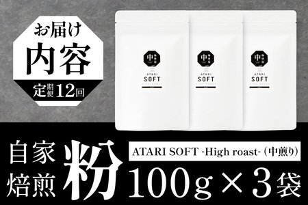 【定期便12回】【粉タイプ】珈琲屋 中-ATARI- SOFT (中煎り) -High roast- 100g×3袋×12回【徳島県 那賀町 自家焙煎 コーヒー 珈琲 ブレンド コーヒー粉 珈琲粉 粉