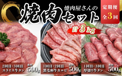 定期便 全3回 焼肉屋さんの牛肉 焼肉セット 総量 3kg | 肉 牛 牛肉 牛タン 牛たん 厚切り カルビ 焼肉 BBQ 人気 パック 真空 小分け 真空パック 冷凍 静岡県 小山町