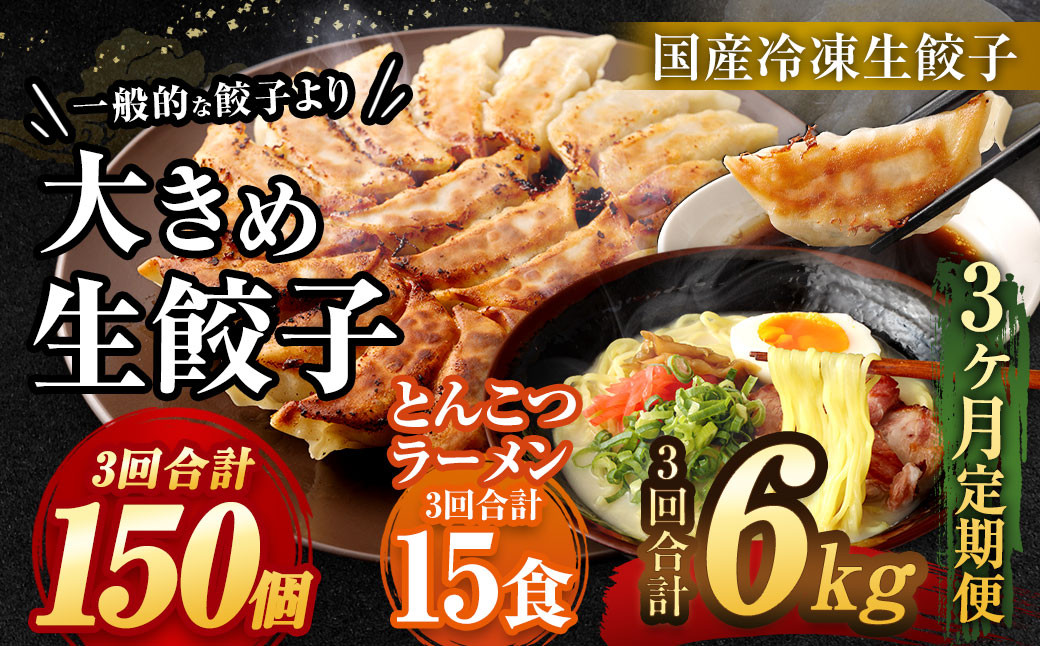 【3ヶ月定期便】【国産冷凍生餃子】大きめ 餃子 50個 ＆ とんこつラーメン 5食付き 合計2kg