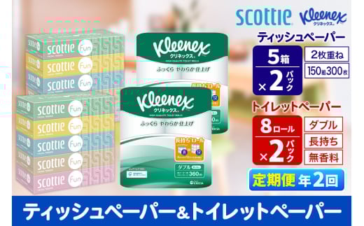 《6ヶ月ごとに2回お届け》定期便 クリネックス トイレットペーパー 長持ちロール ダブル 8ロール×2パック ＆ ティッシュペーパー スコッティ ファン 150組 5箱×2パック 秋田市オリジナル【レビューキャンペーン中】