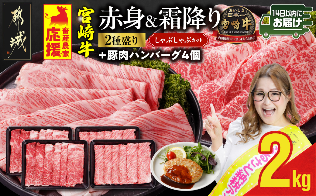 畜産農家応援! 宮崎牛しゃぶしゃぶ2種セット500g×4パック+豚肉ハンバーグ100g×4個≪みやこんじょ快速便≫_32-N203-R-ESH