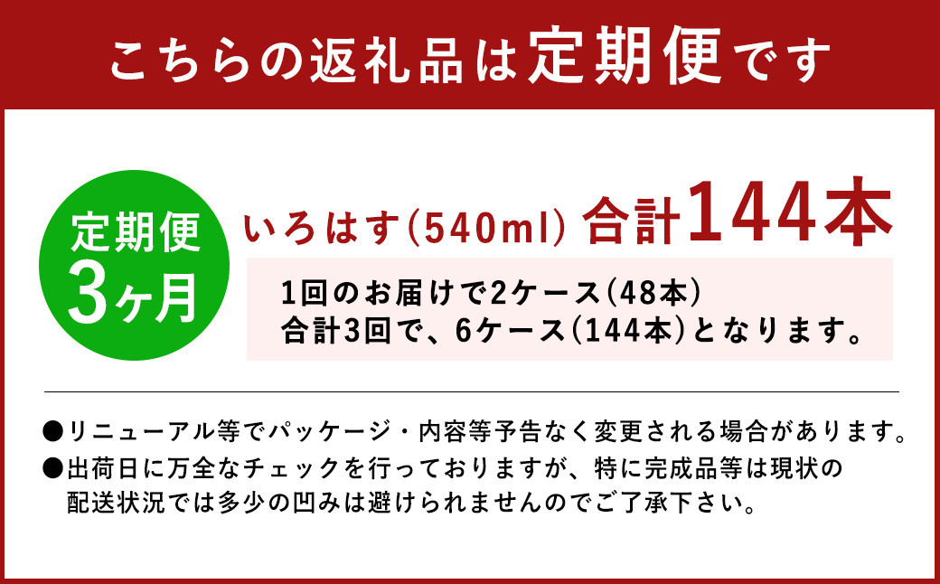 【定期便3回】い・ろ・は・す（いろはす）阿蘇の天然水 540ml 24本×2ケース 計48本×3回