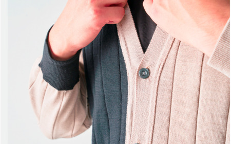 Vネックカーディガン シルクとウールのぬくもり ( ツートンカラー / ベージュ×ブラック ・M ) メンズ | シルク ウール ニット Vネック カーディガン シンプル 長袖 秋冬 新潟県 五泉市 