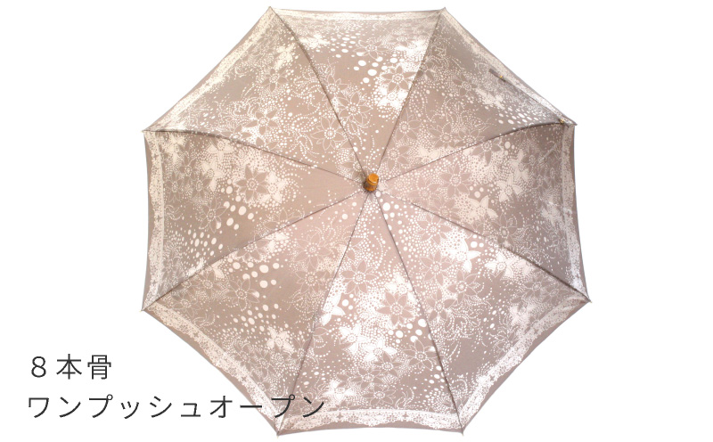 【槙田商店】晴雨兼用長傘　Kirie　ドットとフラワー柄　モカブラウン  傘 かさ 雨具 高級 晴雨 兼用 UV 日焼け ギフト ファッション  日傘 プレゼント 化粧箱 老舗