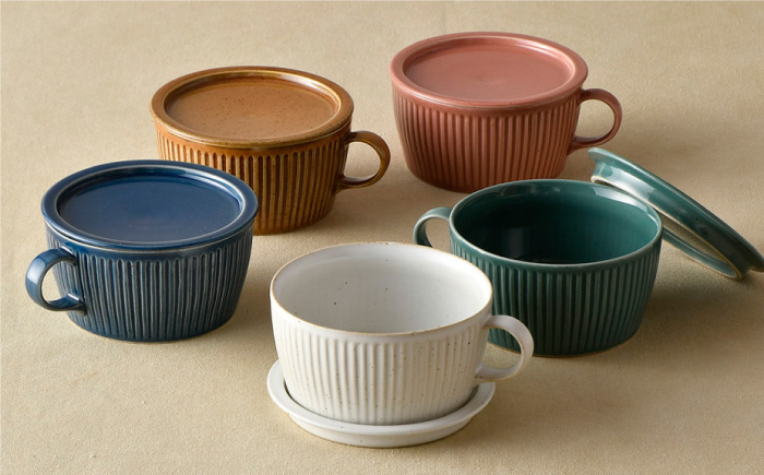 【波佐見焼】【オーブン可】ハンドル付蓋物 5色セット 小皿 スープカップ スープマグ 【舘山堂】 [RC26]