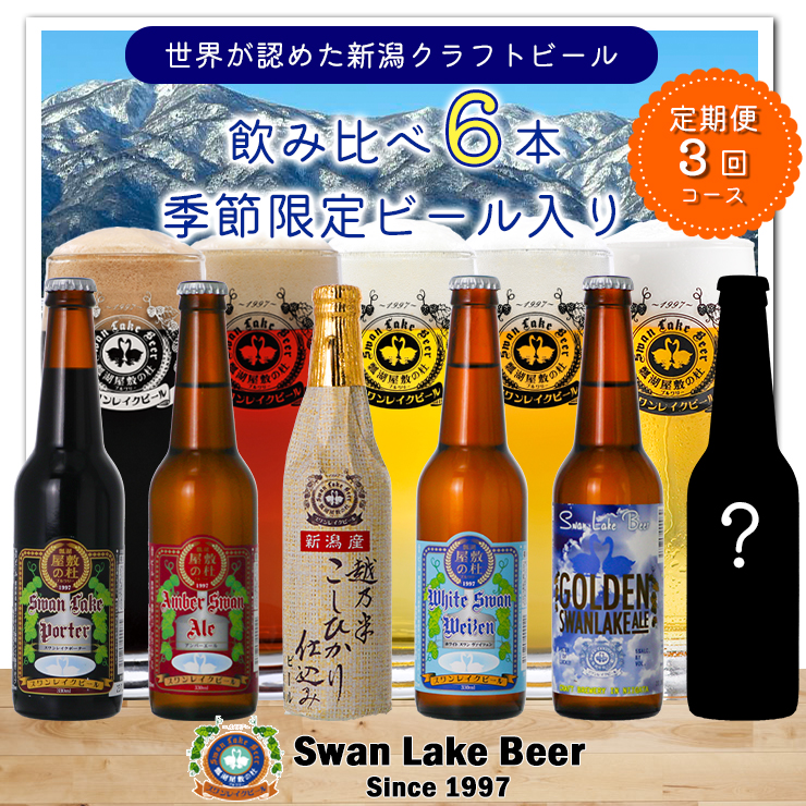ビール スワンレイクビール 3回定期便 世界一金賞受賞入り＆季節限定ビール入り飲み比べ6本セット 1S20038