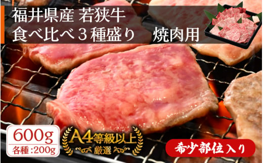 若狭牛 焼肉用 食べ比べ3種盛り 計600g（各200g）希少部位あり！福井県産 A4等級 以上を厳選！【牛肉 黒毛和牛 黒毛 和牛 冷凍 ハネシタ ザブトン】 [e02-b004]