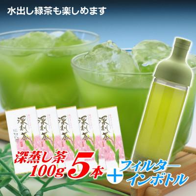 ふるさと納税 牧之原市 カンタンに本格水出し緑茶♪ 静岡県牧之原産深蒸し茶100g×5袋とフィルターインボトルセット
