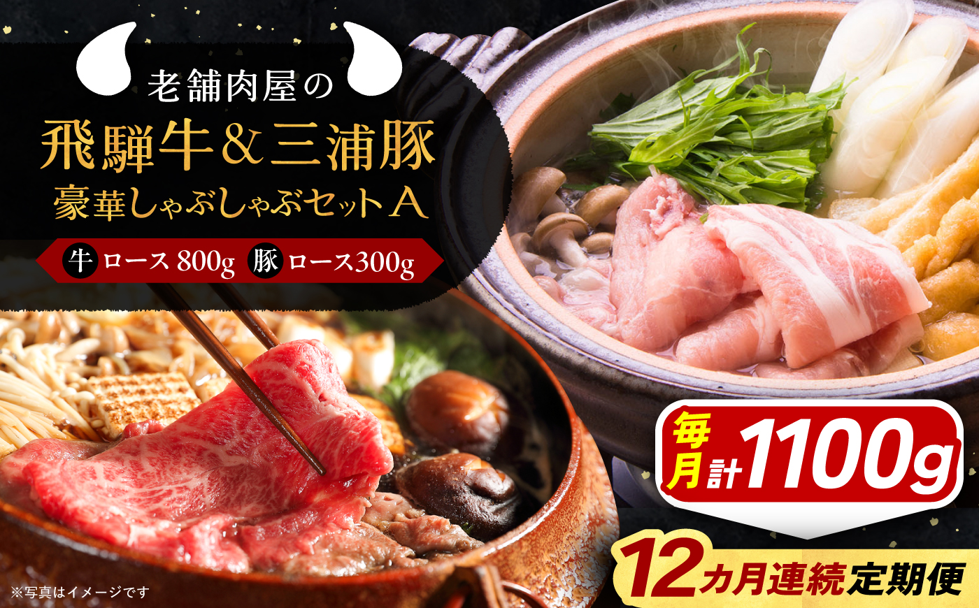 【12回定期便】 飛騨牛ロース800g 三浦豚ロース300g 豪華しゃぶしゃぶセットA 各種類1パック 和牛 国産 霜降り 恵那市 / 岩島屋 [AUAJ047]