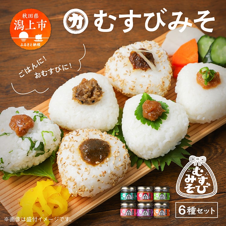【ふるさと納税】 むすびみそ 6種 瓶詰め 詰め合わせ お取り寄せ 化粧箱 ギフト セット みそ 味噌 おかず おかず味噌 ご飯のお供 ごはんのお供 おむすび おにぎり お弁当 にく味噌 うめ味噌 みょうが しそ味噌 ばっけ味噌 鉄火味噌 食べ比べ 潟上市 送料無料 【三浦醤油店】