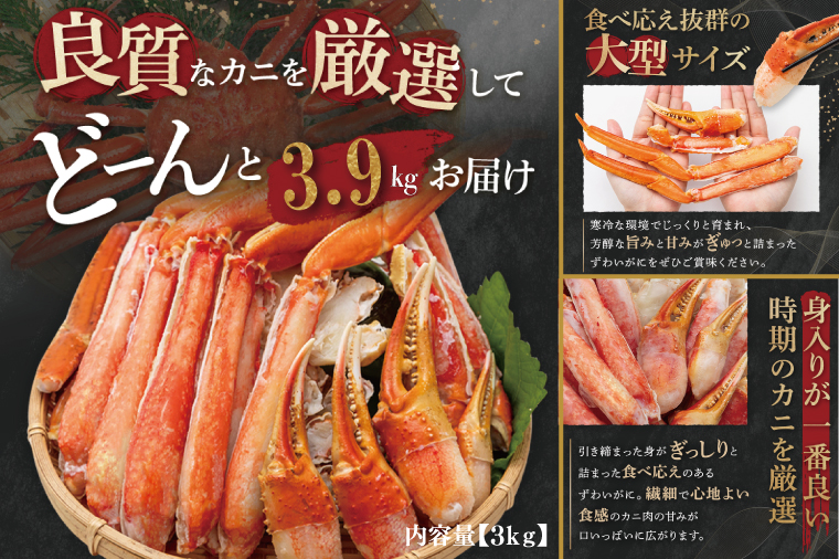 ボイル ずわいがに 総重量 3.9kg （内容量 3kg） 1.3kg×3パック カニ ハーフカット 脚 あし 足 ずわい カニ爪 肩肉 爪下 カニしゃぶ しゃぶしゃぶ ポーション 冷凍 蟹 ずわい蟹