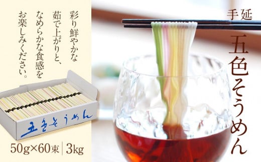 手延べ そうめん 素麺 3kg ( 50g×60束 ) 小分け カラフル 色付き 五色そうめん 五色素麺 ソーメン 常温 長期保存可 愛媛県 松山市 【 T-60 】