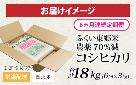 【先行予約】【定期便6ヶ月連続】【無洗米】令和7年産 ふくい東郷米 特別栽培米 農薬70％減 コシヒカリ 3kg×6ヶ月 合計18kg [D-020010_04]