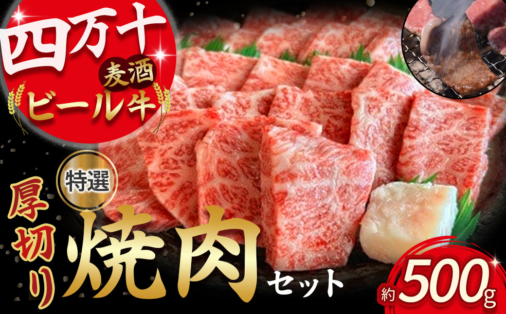 
四万十麦酒牛 厚切り特選焼き肉セット（500g） Asz-07 モモ ウデ バラ肉 肩ロース 詰め合わせ 霜降り 赤身 麦酒牛 ビール牛 冷凍
