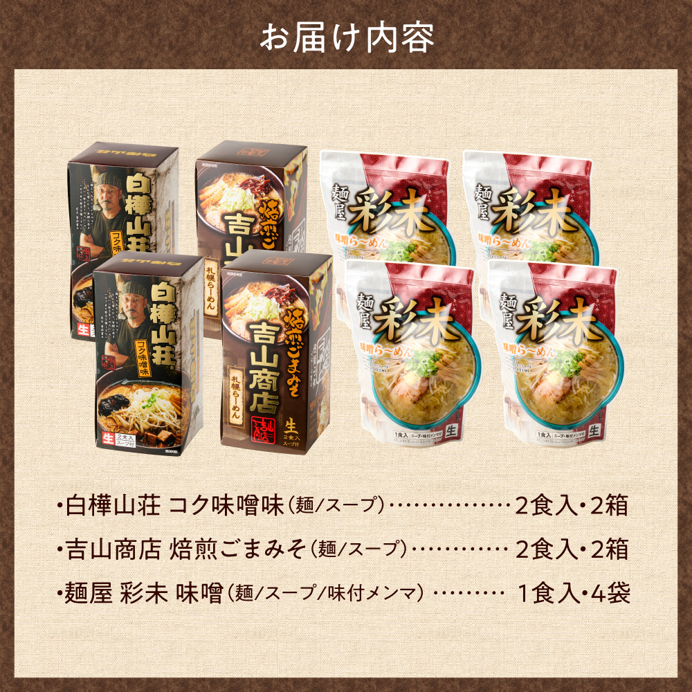 北海道ラーメン 味噌セット3種 彩未/白樺山荘/吉山商店 計12食 麺屋 彩未 麺処 白樺山荘 吉山商店 らーめん 詰め合わせ さっぽろ みそ ラーメン 食べ比べ 味噌味 森住製麺 生麺 産直 ご当地