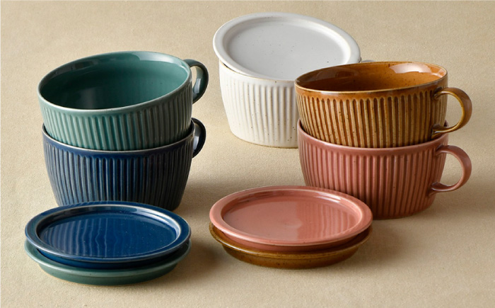 【波佐見焼】【オーブン可】ハンドル付蓋物 5色セット 小皿 スープカップ スープマグ 【舘山堂】 [RC26]