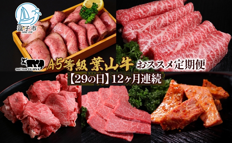 【29の日定期便】12ヶ月連続 葉山牛 定期便 カタログ ギフト カルビ切り落し ジューシー 黒毛和牛 霜降り 赤身 肉 焼く 家族 贈り物 受賞 うし 和牛 冷凍 良質 冷凍便 送料無料 冨士屋牛肉店 神奈川県 逗子市