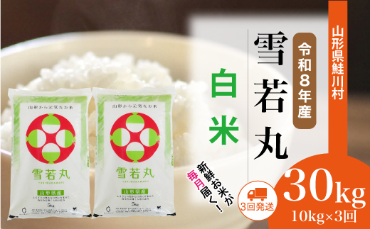 ＜令和8年産米＞ 令和9年2月下旬より発送  雪若丸【白米】30kg定期便 (10kg×3回） 山形県鮭川村