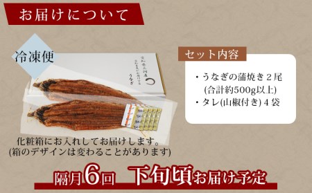 【定期便】三河産うなぎ「超おばけ蒲焼き2尾(合計500g以上)」×6回(隔月1回　1年間)・A134-114