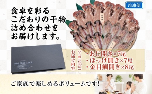 干物詰め合わせ 計22尾セット（あじ開き×7尾・ほっけ開き×7尾・金目鯛開き×8尾）
