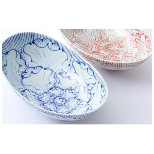 有田焼 花弁紋 25.5cm 楕円鉢（大）青と赤のペアセット 大慶 A30-279_イメージ3