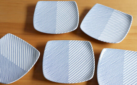 【白山陶器】【グッドデザイン賞】重ね縞 反角中皿 5枚セット【波佐見焼】[TA163]