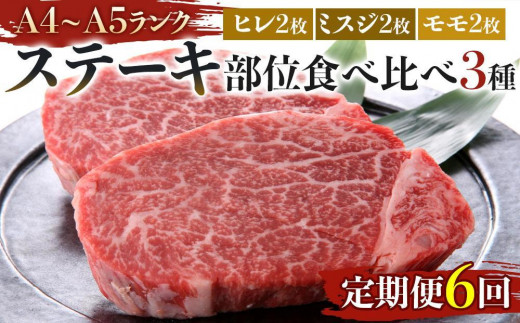 
            【定期便6回】博多和牛【A4～A5】ステーキ部位食べ比べ3種（ヒレ150g×2枚、ミスジ100ｇ×2枚、モモ100ｇ×2枚）計700ｇ
          