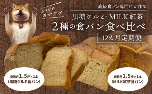 【定期便】黒糖クルミ、MILK紅茶 2種の食パン食べ比べ 計12回