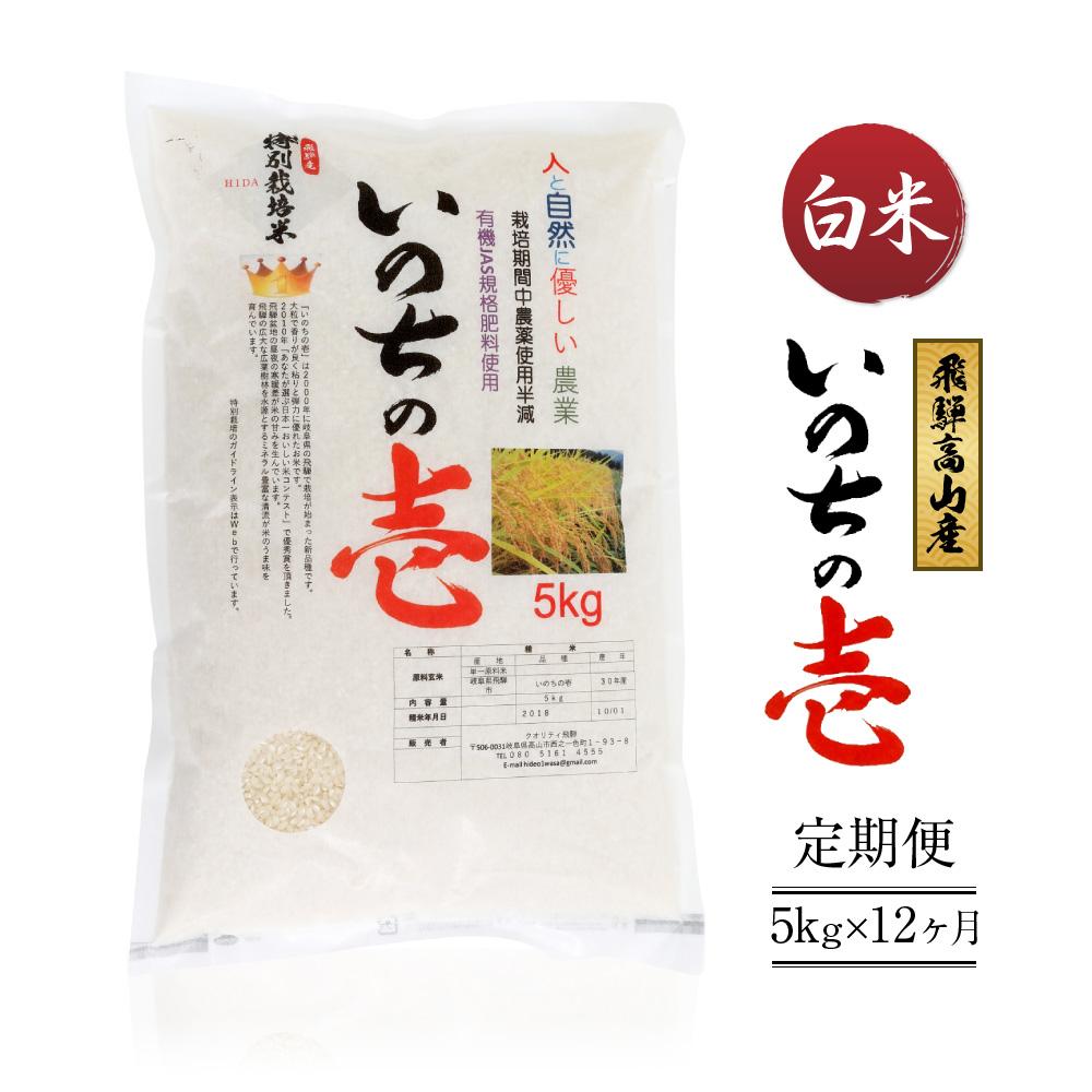 【ふるさと納税】先行予約 令和8年産 米【定期便】飛騨高山産いのちの壱（白米）5kg×12ケ月 | 粒が大きい ブランド米 お米 ご飯 おいしい 人気 いのちの壱 飛騨高山 クオリティ飛騨高山 AU110 | 送料無料 精米 産直 産地直送 お取り寄せ 人気 お楽しみ おすすめ