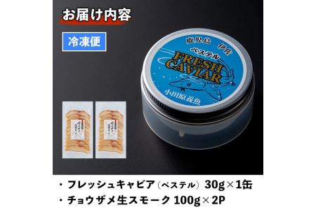 B7-02 純国産フレッシュキャビア(30g・ベステル)＆チョウザメ生スモーク(200g)セット！世界三大珍味のキャビアと生ハム風スモークをお届け【小田原養魚】