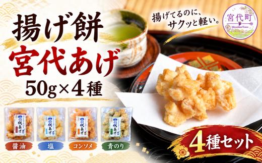 揚げ餅 宮代あげ お試し4種セット 醤油 塩 コンソメ 青のり | あげもち お取り寄せ 人気 米菓 おすすめ おせんべい おやつ 和スナック 軽い 米油 国産もち米 おかき 手作り サクサク 食感 しょうゆ 塩味 素材の味 昔ながら お土産 名物 手土産 常温 保存 宮代もち処 埼玉県 宮代町