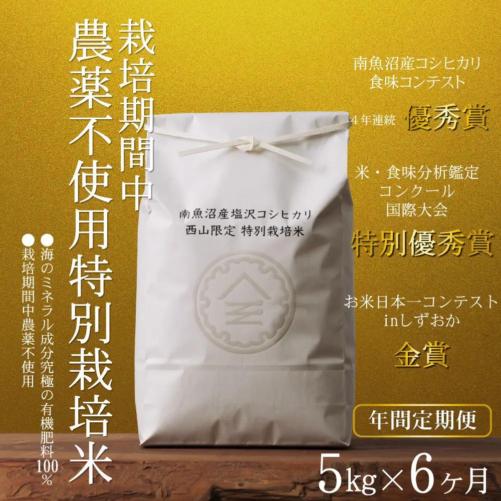 【定期便隔月お届け令和8年新米予約】南魚沼食味コンクール4年連続優秀賞　栽培期間中農薬不使用特別栽培米5kg×6回　南魚沼塩沢産コシヒカリ【2026年10月中旬から1ヶ月以内に順次発送予定】｜コシヒカリ
