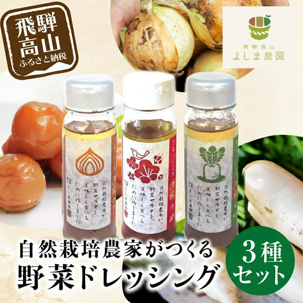 【ふるさと納税】自然栽培農家のドレッシング3種 | 自家栽培農家 ドレッシング サラダ 自家栽培 洋風ドレッシング 玉ねぎドレッシング 大根おろしドレッシング 梅ドレッシング 飛騨高山 よしま農園 CK015